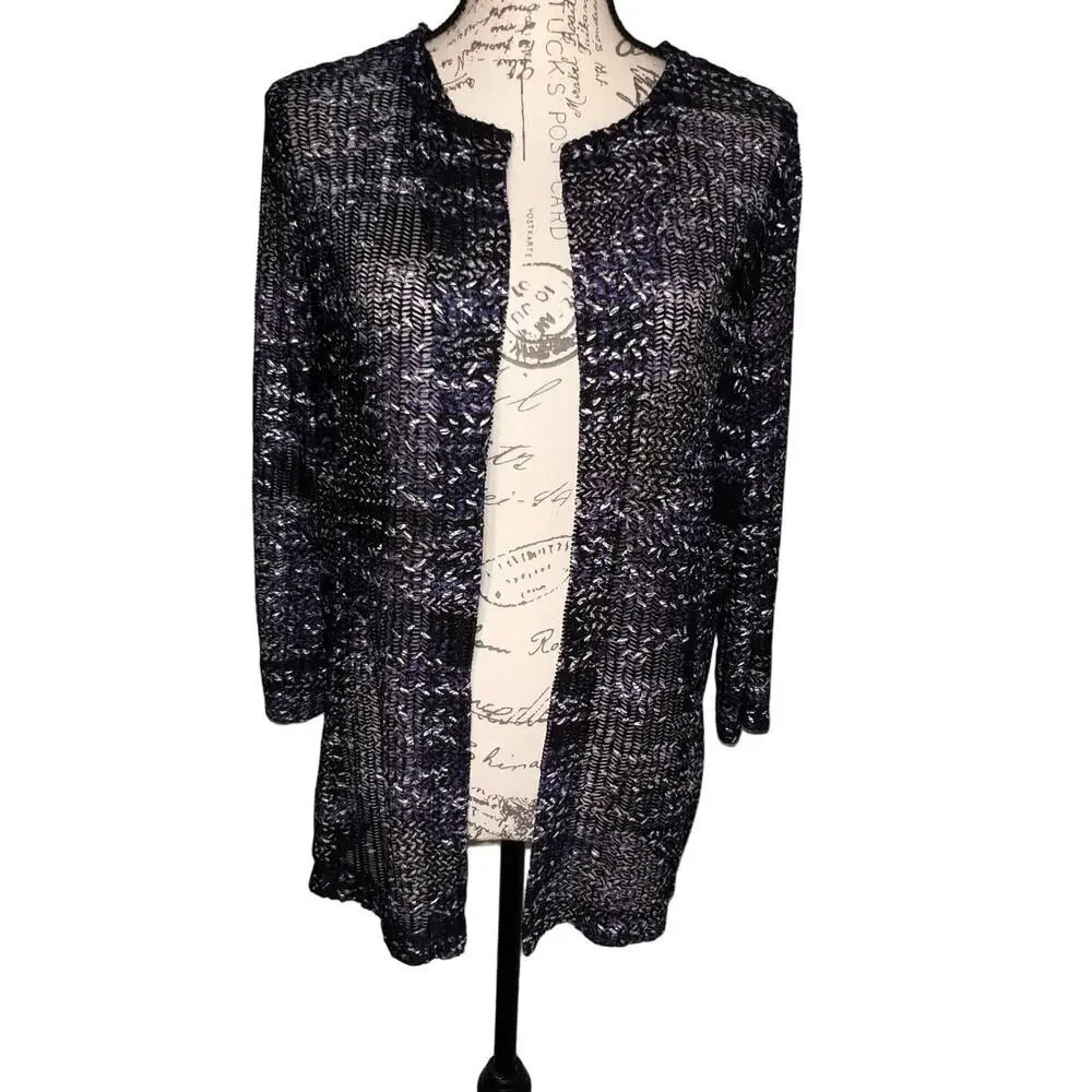 Kasper, PL, 3/4 sleeve‎ open knit, metallic, textured cardigan, lightweight
￼